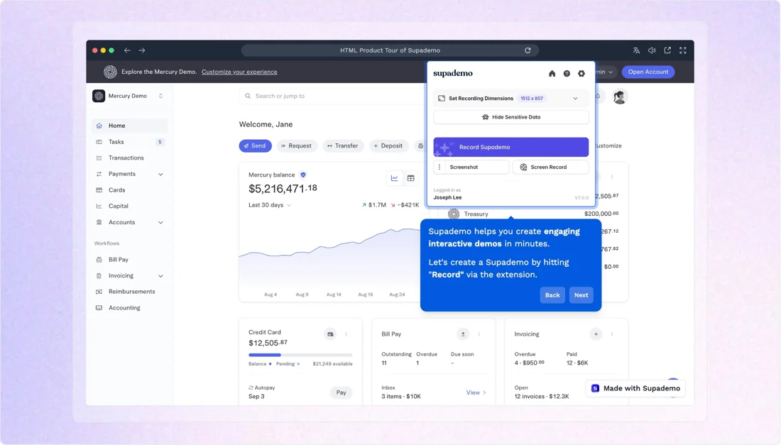 Supademo 的交互式产品演示录制界面